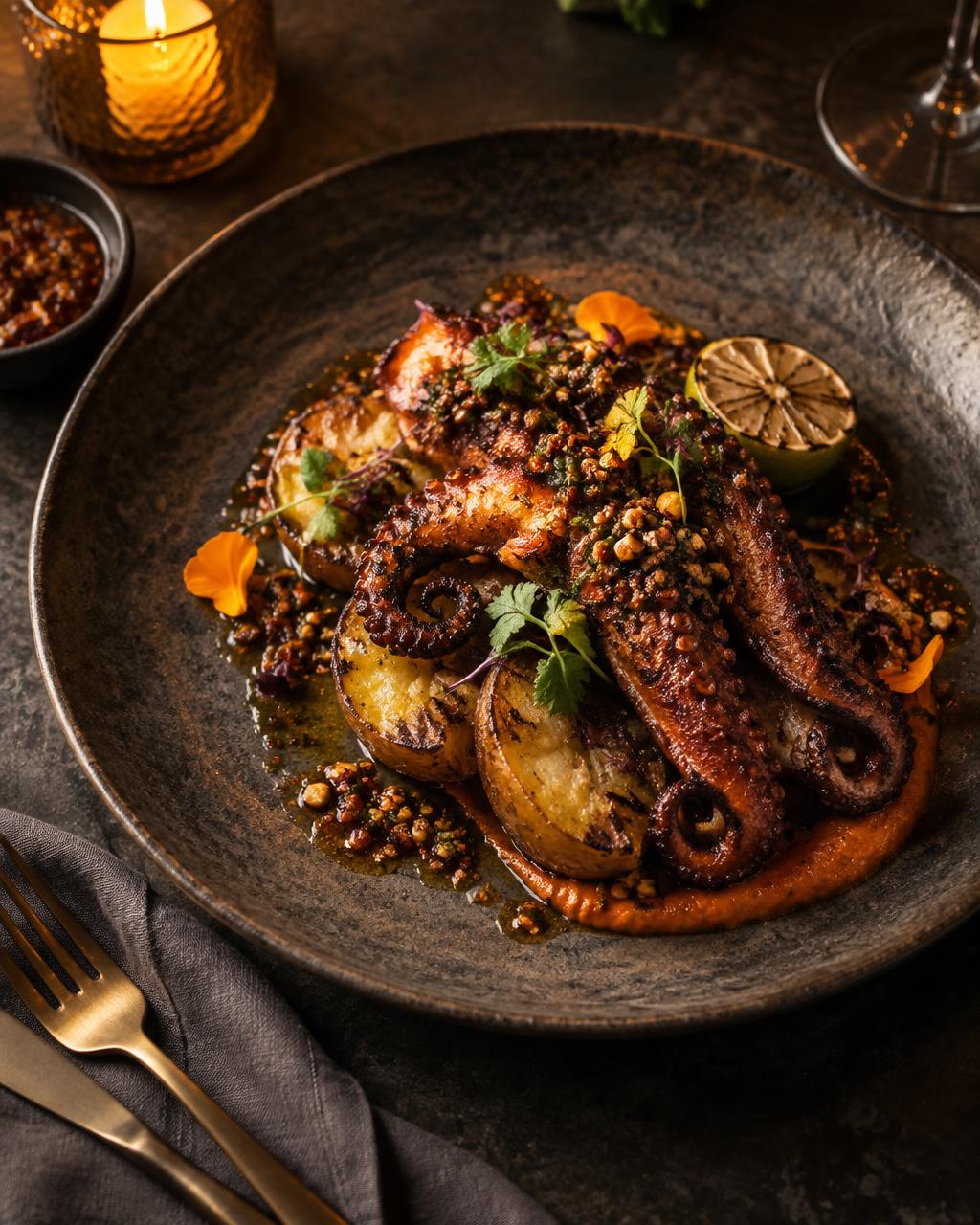 Fire-roasted octopus plated for dinner